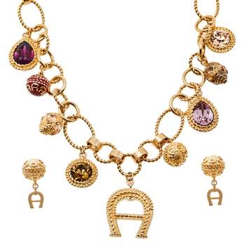 Pre Owned Aigner Crystal Charms Logo Drop Necklace & Earrings Set