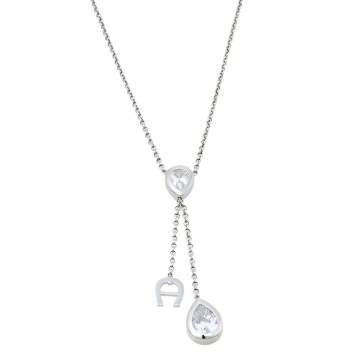 Pre Owned Aigner Crystal Embellished Logo Pendant Silver Tone Necklace