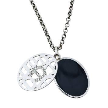 Pre Owned Aigner Crystal Logo Double Pendant Silver Tone Chain Necklace