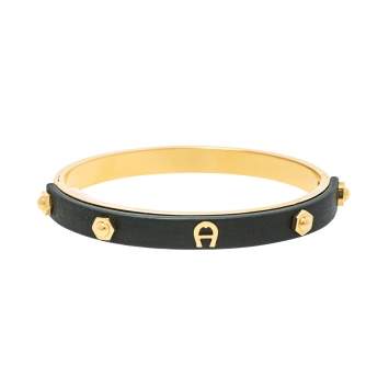 Pre Owned Aigner Dark Green Leather Gold Tone Cuff Bracelet