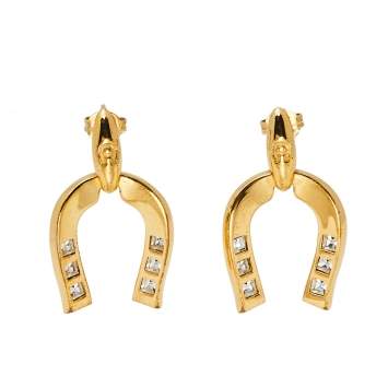Pre Owned Aigner Horseshoe Crystals Gold Tone Drop Earrings