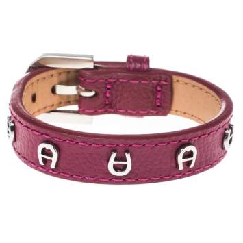 Pre Owned Aigner Pink Leather Silver Tone Logo Wrap Bracelet
