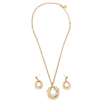 Pre Owned Aigner Gold Tone Crystal Studded Logo Necklace & Earrings Set 