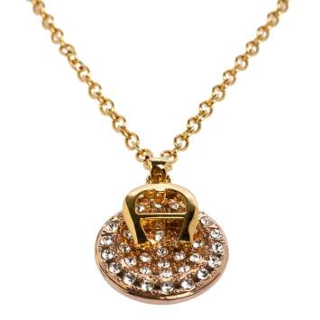 Pre Owned Aigner Logo Crystal Two Tone Metal Pendant Necklace