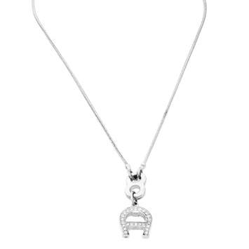 Pre Owned Aigner Silver Tone Crystal Logo Pendant Necklace