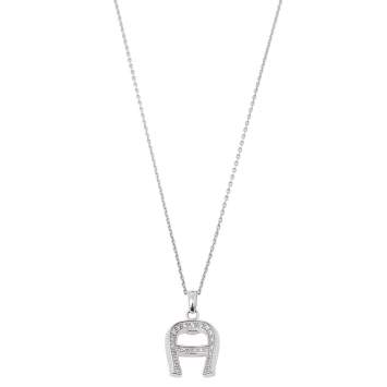 Pre Owned Aigner Silver Tone Crystal Logo Pendant Necklace