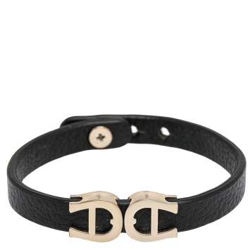 Pre Owned Aigner Black Leather Gold Tone Logo Bracelet