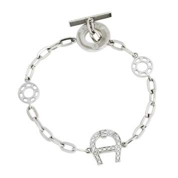 Pre Owned Aigner Silver Tone Crystal Logo Toggle Bracelet
