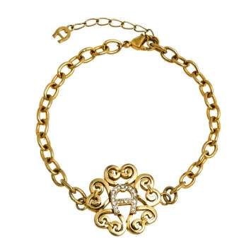 Pre Owned Aigner Gold Tone Crystal Logo Bracelet 