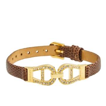 Pre Owned Aigner Brown Lizard Embossed Leather Crystal Logo Wrap Bracelet