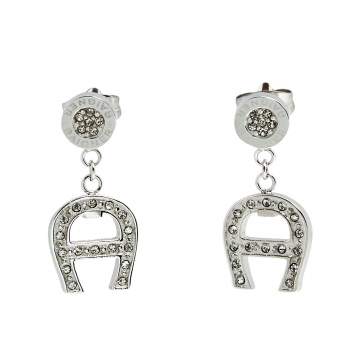 Pre Owned Aigner Silver Tone Crystal Logo Drop Earrings