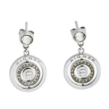 Pre Owned Aigner Silver Tone Crystal Logo Drop Earrings
