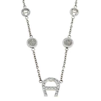 Pre Owned Aigner Silver Tone Crystal Logo Pendant Station Necklace