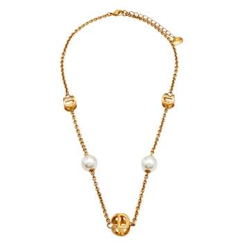 Pre Owned Aigner Logo Bar Faux Pearls Gold Tone Metal Necklace