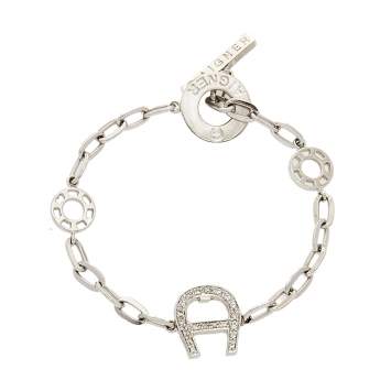 Pre Owned Aigner Silver Tone Crystal Logo Toggle Bracelet