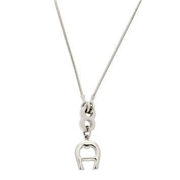 Pre Owned Aigner Logo Silver Tone Metal Pendant Necklace