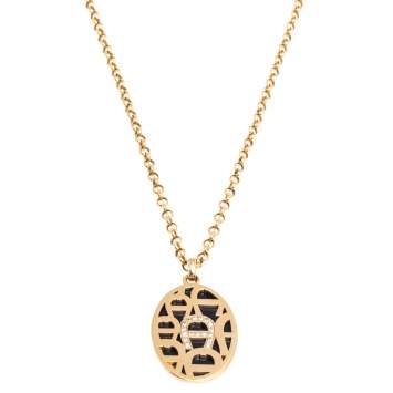 Pre Owned Aigner Crystal Logo Double Pendant Gold Tone Pendant Necklace