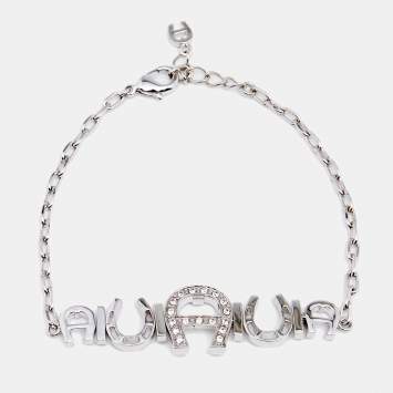 Pre Owned Aigner Silver Tone Crystal Logo & Horseshoe Bracelet