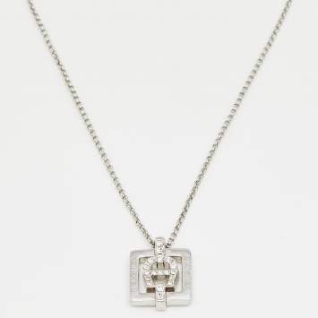 Pre Owned Aigner Crystal Studded Silver Tone Square Pendant Necklace