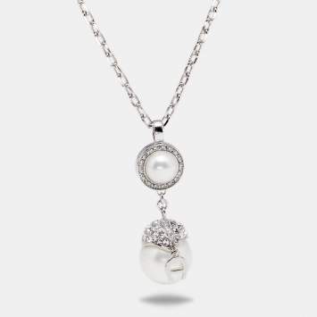 Pre Owned Aigner Silver Tone Crystal & Pearl Drop Necklace