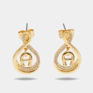Pre Owned Aigner Gold Tone Crystal Logo Drop Earrings