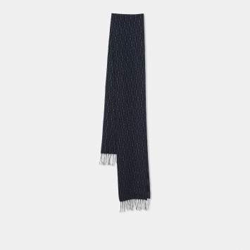Pre Owned Aigner Black and Grey Wool Horseshoe Logo Fringed Scarf