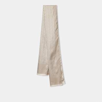 Pre Owned Aigner Cream Logo Silk Jacquard Fringe Trim Scarf