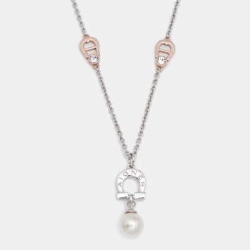 Pre Owned Aigner Faux Pearl Crystals Two Tone Metal Necklace