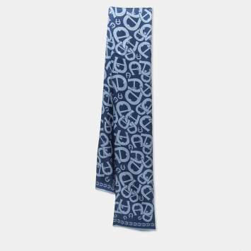 Pre Owned Aigner Blue Logo Print Satin Silk Scarf