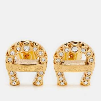 Pre Owned Aigner Gold Tone Crystal Logo Stud Earrings