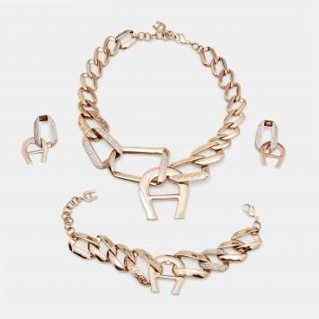 Pre Owned Aigner Pisa Crystals Rose Gold Tone Bracelet Necklace and Earring Set