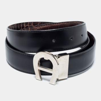 Pre Owned Aigner Black/Dark Brown Croc Embossed and Leather Logo Reversible Cut To Size Belt 