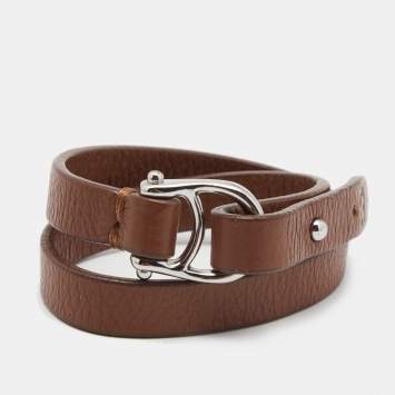 Pre Owned Aigner Brown Leather Double Tour Logo Bracelet
