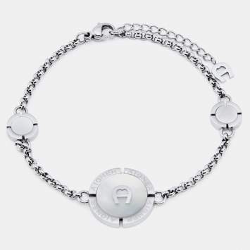 Pre Owned Aigner Silver Tone Mother of Pearl Logo Bracelet