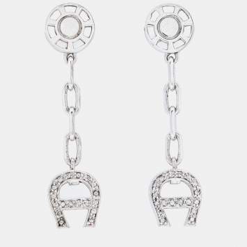 مملوكة مسبقًا Aigner Silver Tone Crystal Logo Drop Earrings