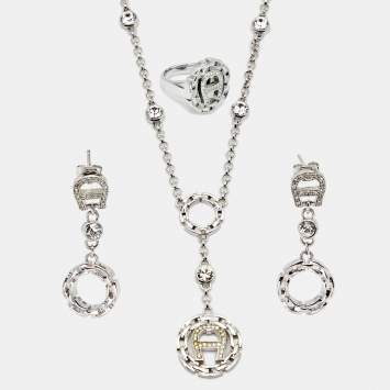 Pre Owned Aigner Silver-Tone Chain Link Crystal Pendant Necklace, Earrings & Ring Set