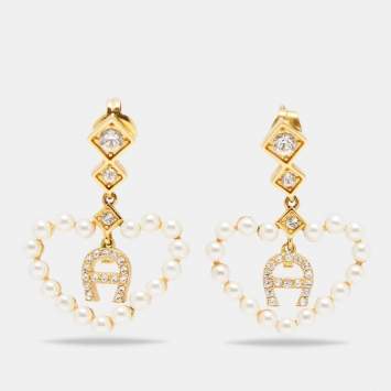 Pre Owned Aigner Faux Pearl Heart Crystal Gold Tone Drop Earrings