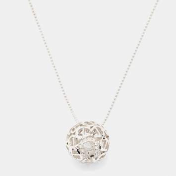 Pre Owned Aigner Silver Tone Crystal Logo Hollow Ball Pendant Necklace