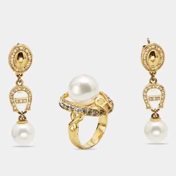 Pre Owned Aigner Crystal Faux Pearl Gold Tone Ring and Earrings