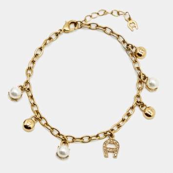 Pre Owned Aigner Crystals Faux Pearl Gold Tone Bracelet