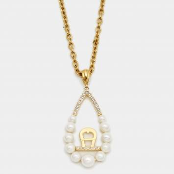 Pre Owned Aigner Faux Pearl Crystal Gold Tone Pendant Necklace