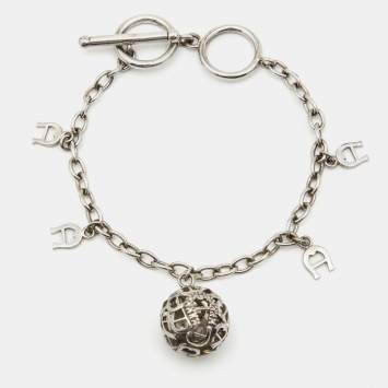 Pre Owned Aigner Sterling Silver Crystal Logo Charm Bracelet