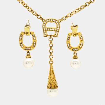 Pre Owned Aigner Crystal Faux Pearl Gold Tone Necklace Set