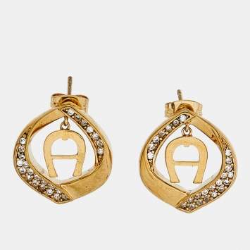 Pre Owned Aigner Gold Tone Logo Crystal Detail Stud Earrings