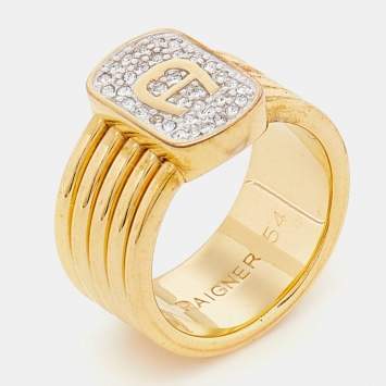 Pre Owned Aigner Gold Tone Crystal Logo Band Ring Size EU 54