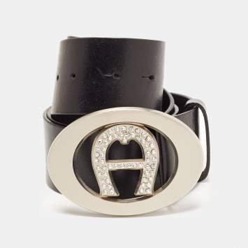 Pre Owned Aigner Black Leather Crystal Embellished Logo Belt 90CM