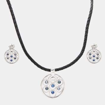 مملوكة مسبقًا Aigner Crystals Silver Tone Leather Necklace and Earrings Set