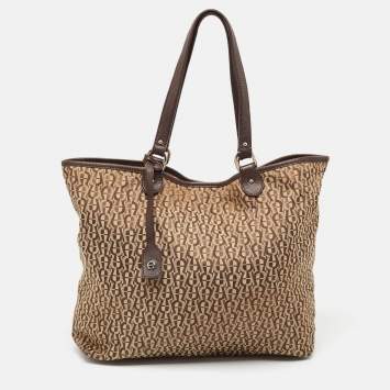 Aigner Brown/Beige Signature Canvas and Leather Snap Tote
