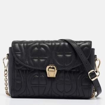 Pre Owned Aigner Black Logo Embossed Leather Pria Chain Shoulder Bag