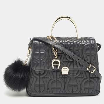 Pre Owned Aigner Black Logo Embossed Leather Genoveva Top Handle Bag